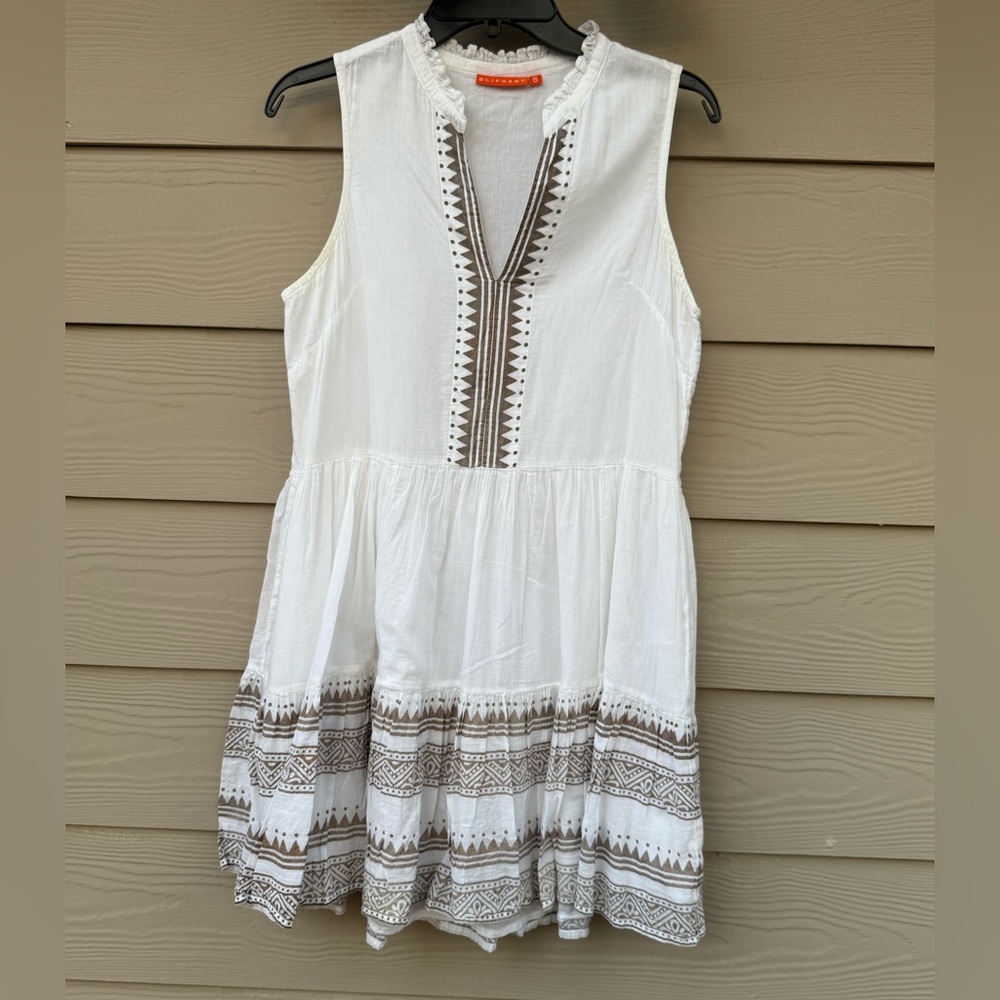 Oliphant White Sleeveless Mini Dress with Brown Trim